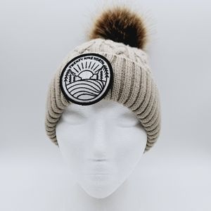 AJM | Twenty Nine North large patch pompom cable knit beanie toque winter hat